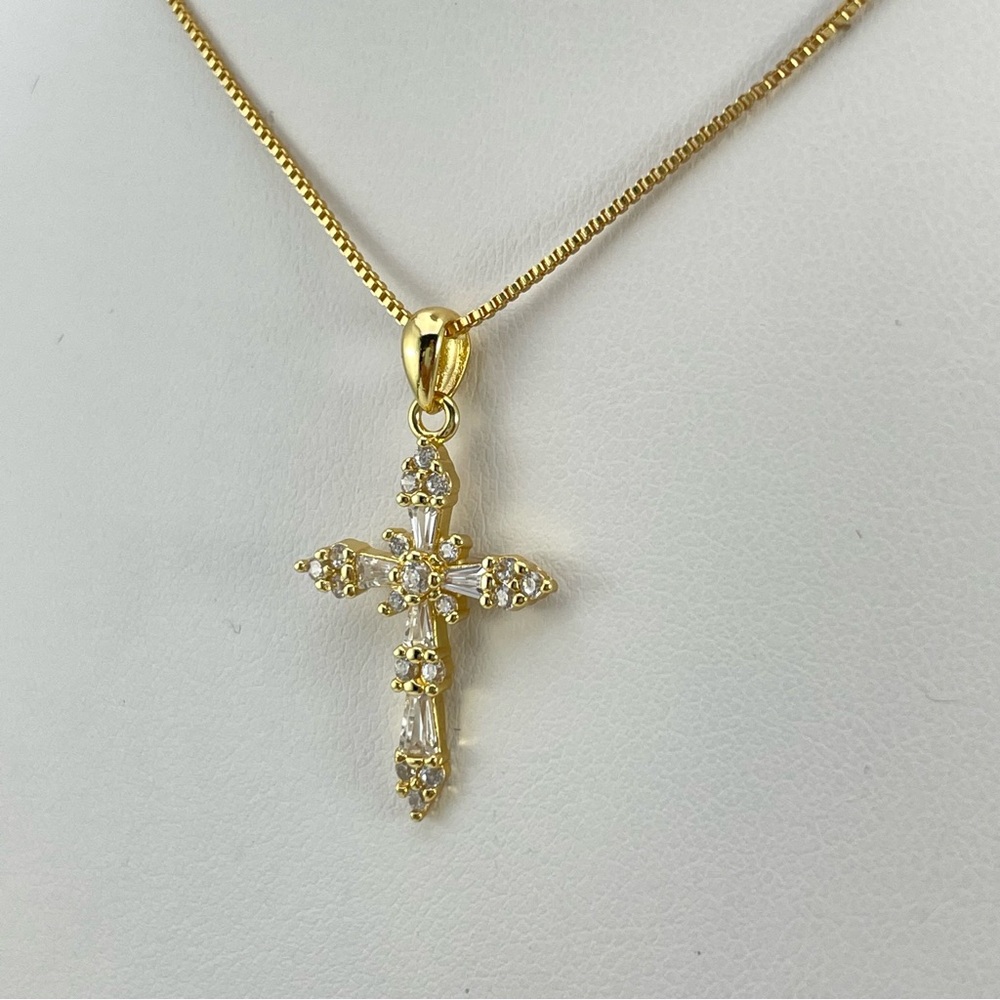 Gold White CZ Cross Pendant Necklace IBB CN Sparkling Religious Jewelry